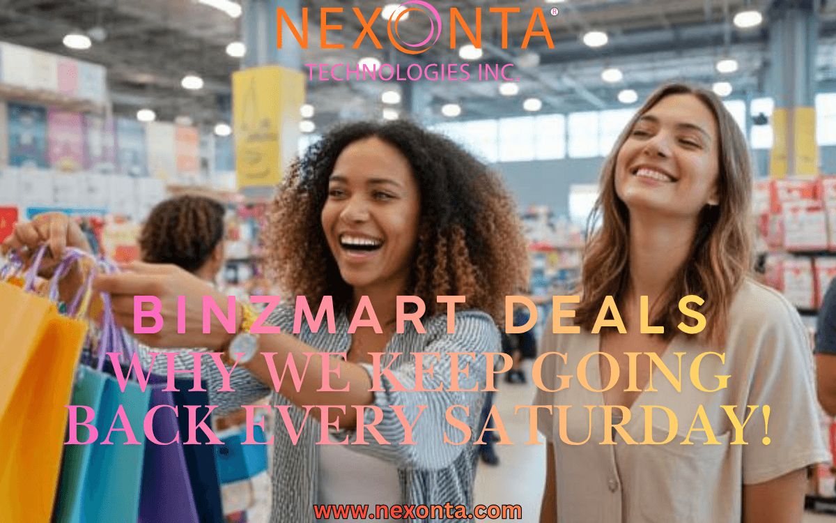 Two happy young women shopping at BinzMart carrying shopping bags filled with great deals.